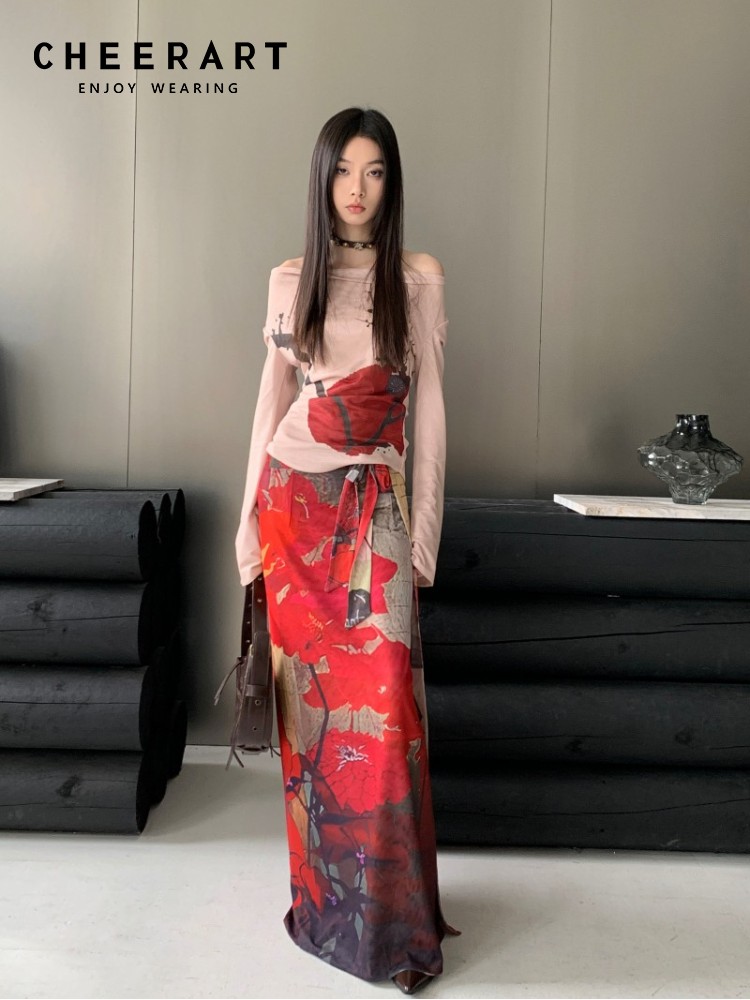 Summer Clothing Wraps - CHEERART 빈티지 레드 메쉬 롱 스커트
