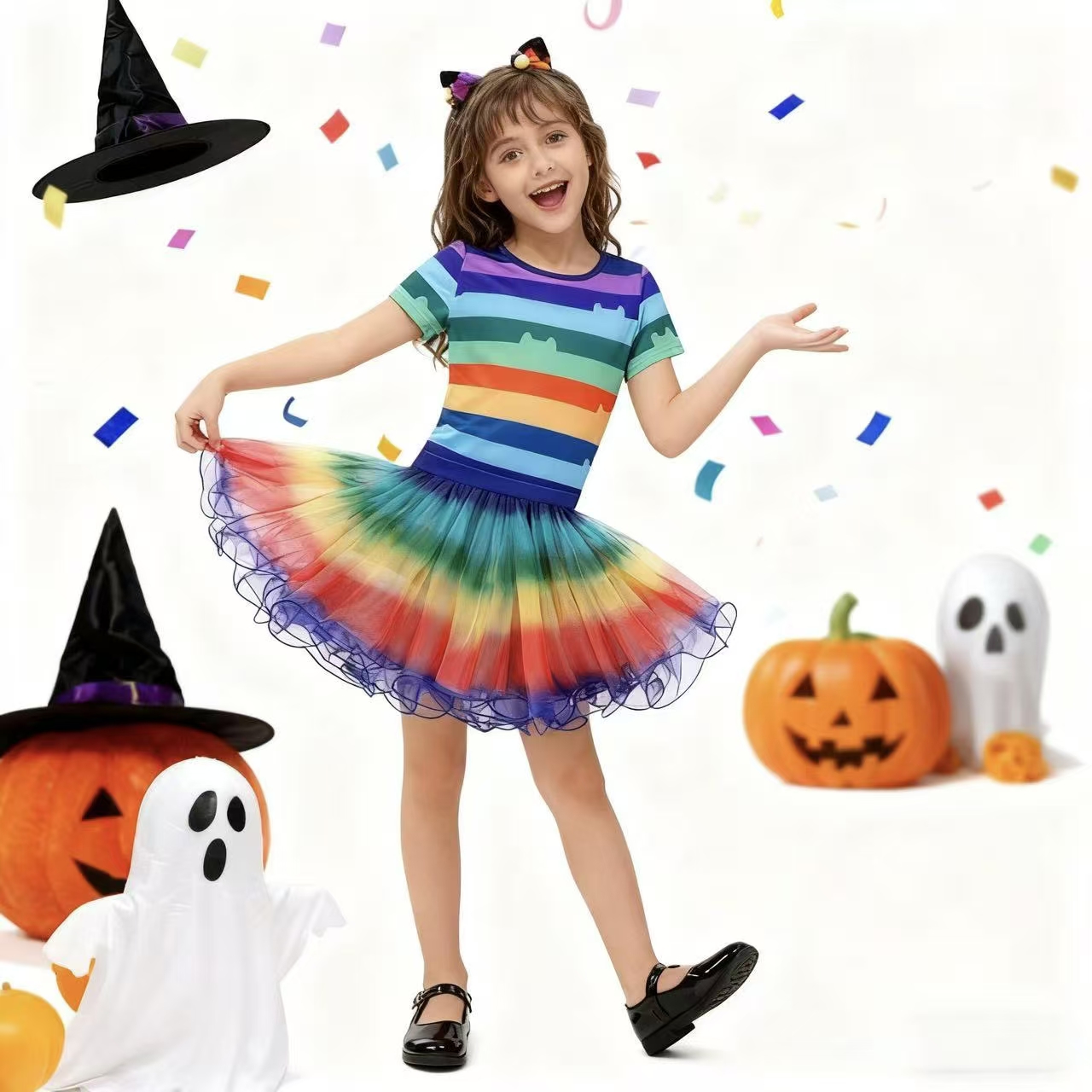 Summer Kids Clothing - 여자 무지개 줄무늬 티셔츠 투투 스커트