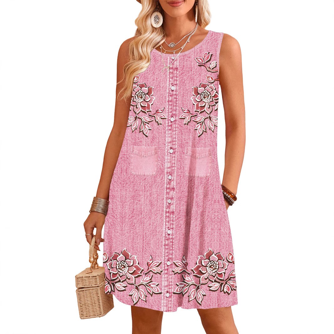 Sundress Midi Floral - 여름 여성 드레스 라운드 넥 디지털
