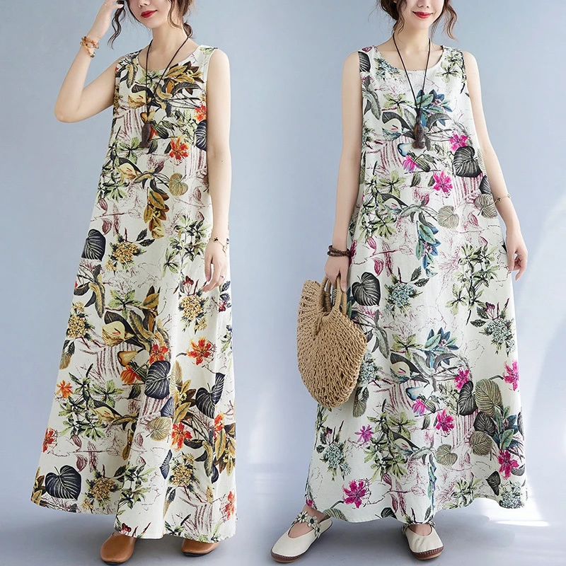 Sundress Midi Floral - 여름 플로럴 프린트 코튼 린넨 드레스,