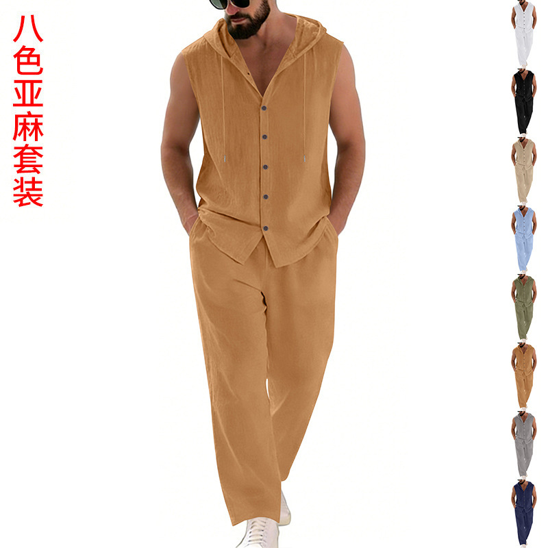 Summer Clothing Sets Men - 남성 캐주얼 린넨 수트 후드 스웨터
