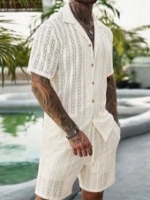 남성용 크로셰 니트 2피스 세트 라펠 반소매 셔츠 드로 - Summer Clothing Sets Men 리뷰 및 가격