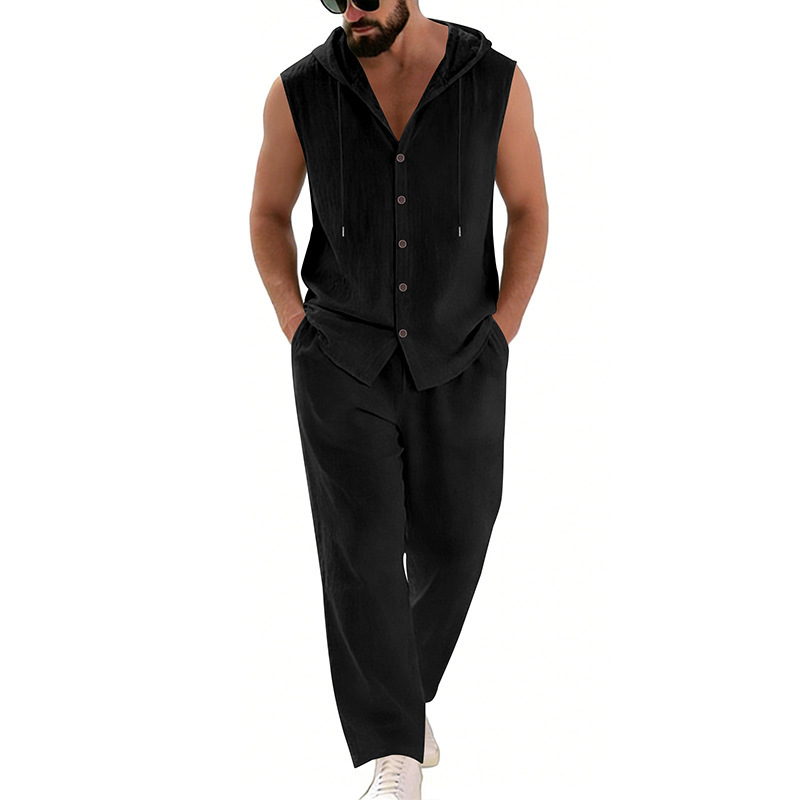남성 캐주얼 린넨 수트 후드 스웨터 및 바지 세트 단색 - Summer Clothing Sets Men 리뷰 및 가격