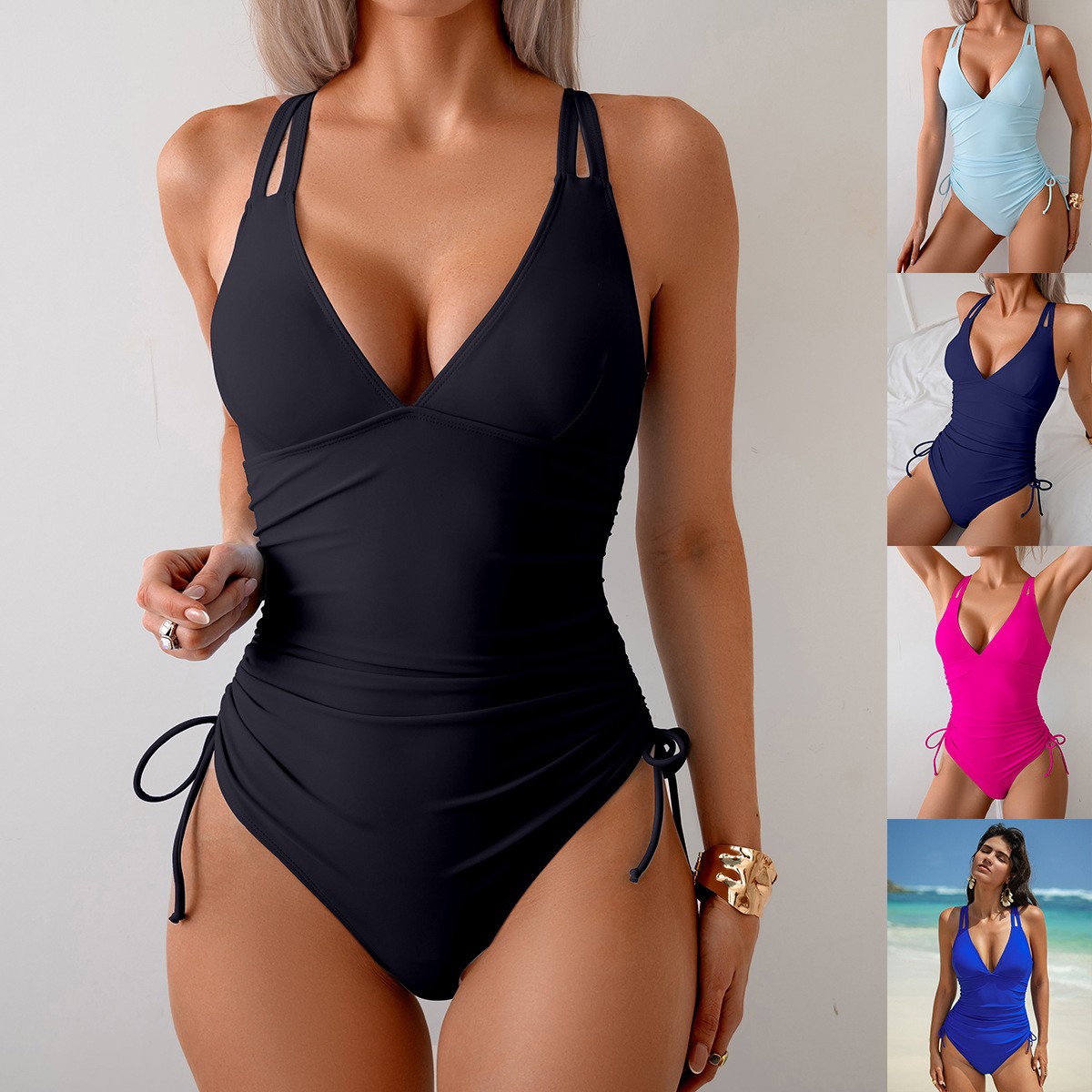 솔리드 블랙 수영복 V넥 러치드 웨이스트 원피스 수영복 - Swimsuit One Piece 리뷰 및 가격